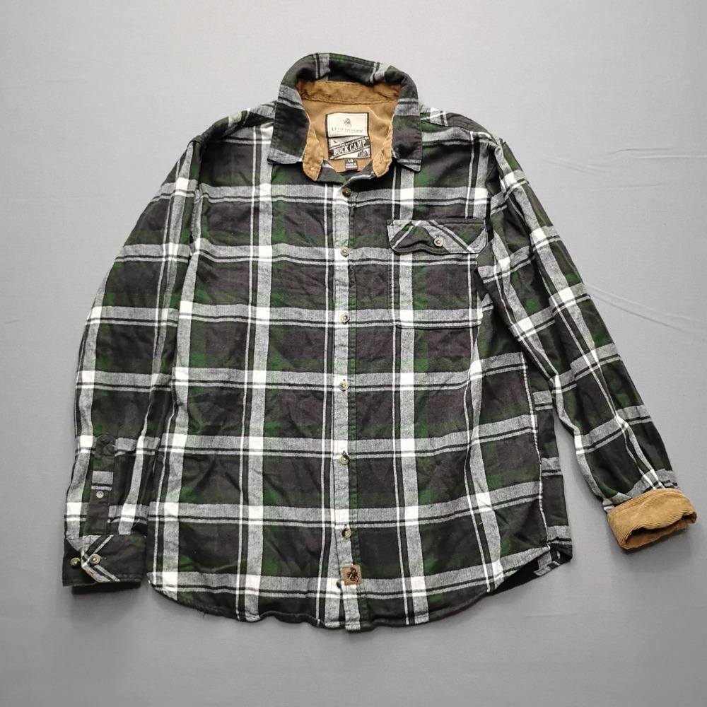 Legendary Whitetails Buck Camp Flannel Shirt Green Black Plaid Mens Large